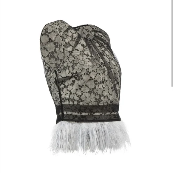 Self-Portrait Lace Tulle Overlay Top With Gray Feather Trim Size 4